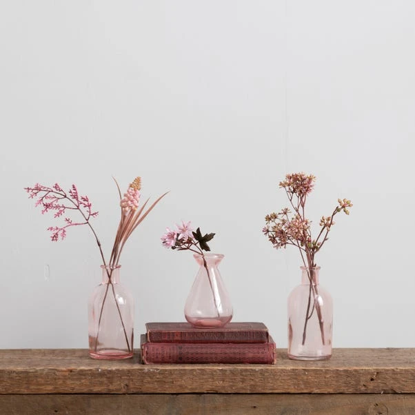 Set Of 3 Artificial Pretty Boho Stems In Pink Glass Vases 1 Set Of 3 Artificial Pretty Boho Stems In Pink Glass Vases