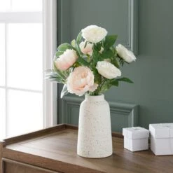 Artificial Peony And Rose Bouquet In Cream Ceramic Vase
