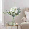 Artificial White Rose & Eucalyptus Bouquet In Ribbed Glass Vase