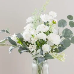 Artificial White Rose & Eucalyptus Bouquet In Ribbed Glass Vase -Home Decor Shop 30894996 alt02