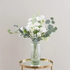 Artificial White Rose & Eucalyptus Bouquet In Ribbed Glass Vase -Home Decor Shop 30894996 alt03