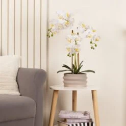 Artificial White Phalaenopsis Orchid In Taupe Ceramic Plant Pot