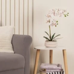 Artificial White Speckled Orchid In Beige Ceramic Plant Pot