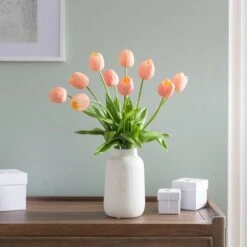 Artificial Tulip Arrangement In Textured Ceramic Vase