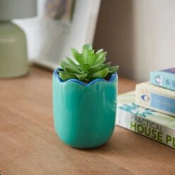 Artificial Succculent In Scalloped Ceramic Plant Pot