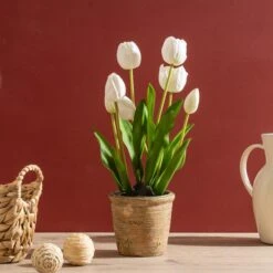 Artificial Tulip Spray In Cement Plant Pot