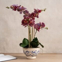 Artificial Real Touch Dark Pink Phalaenopsis Orchid In Ceramic Plant Pot