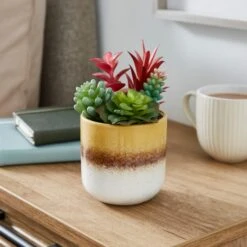 Artificial Succulents In Yellow Stripe Glazed Plant Pot