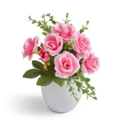 Artificial Pink Rose In White Ceramic Plant Pot -Home Decor Shop 30960668 alt02