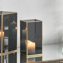 Brass & Smoked Glass Panelled Square Hurricane Candle Holder -Home Decor Shop 30983187